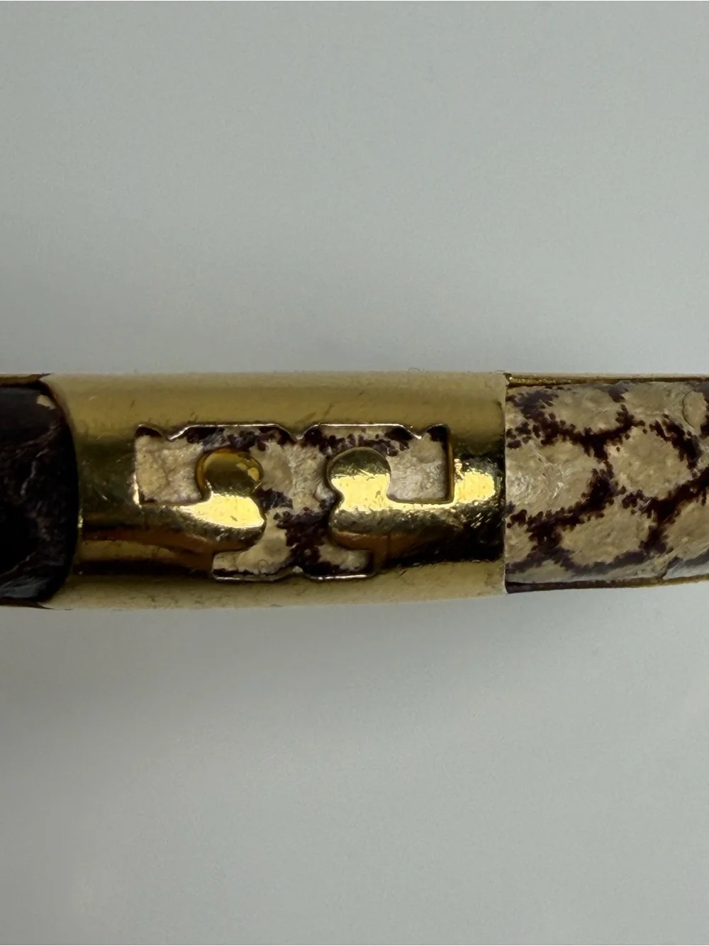 Tory Burch Women’s Leather Inlay Snake Print Gold Double T Bangle Bracelet